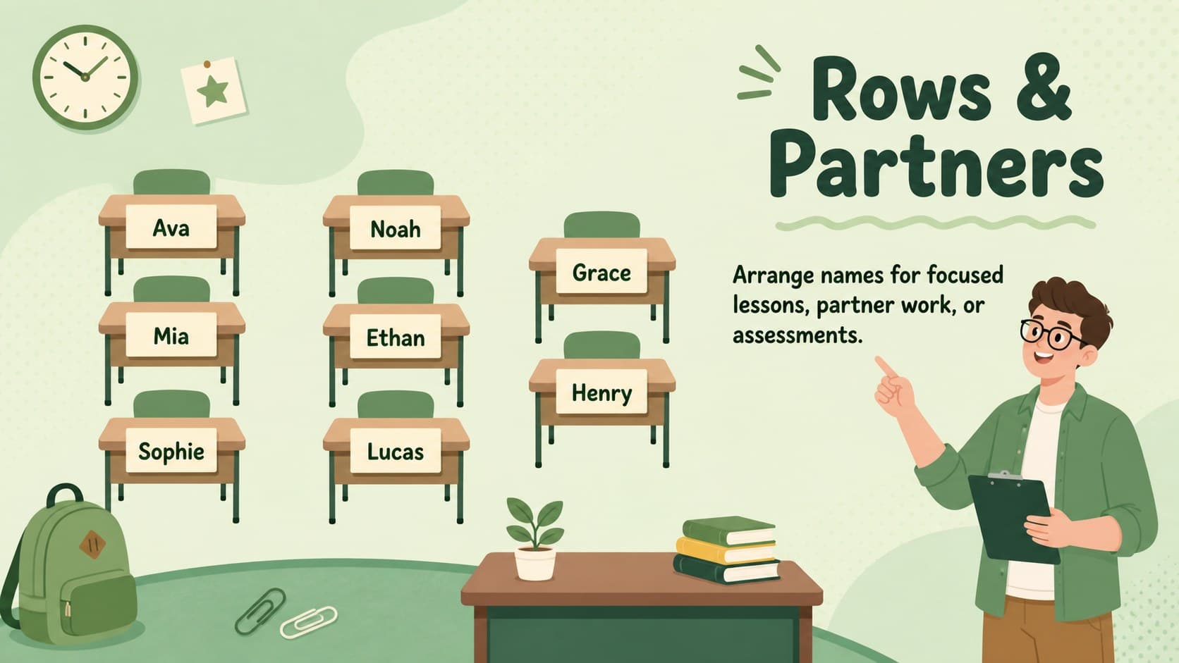Editable student desk layout template showing named desks arranged in clear rows and partner pairs on a green classroom slide.