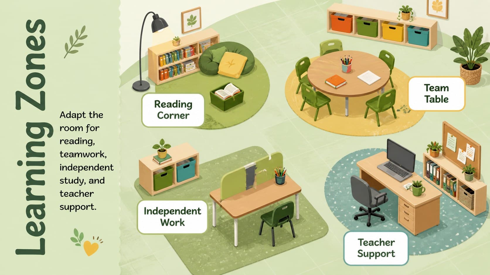 Flexible classroom seating layout presentation with green learning zones for reading, teamwork, independent study, and teacher support.