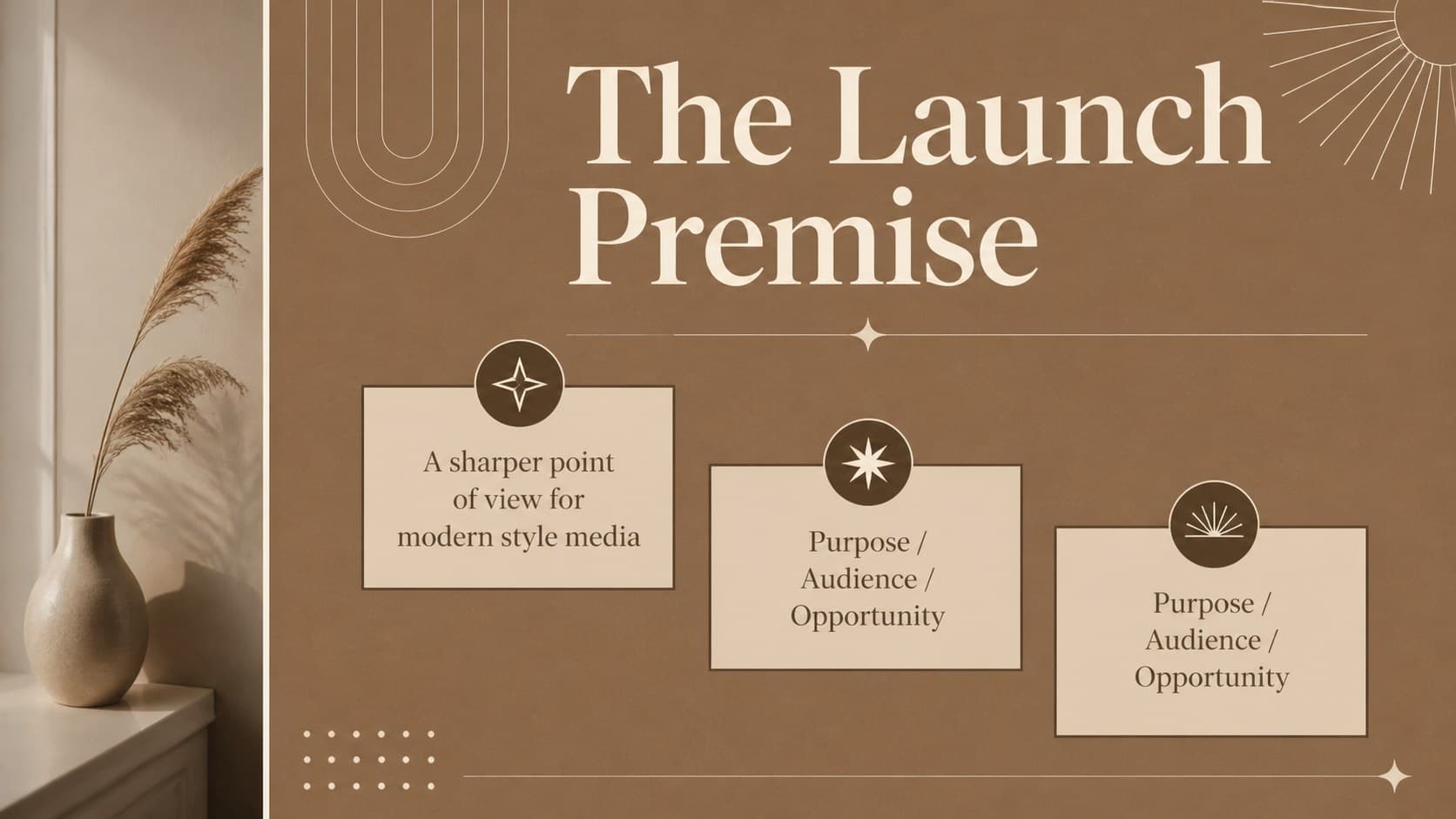Editorial strategy overview slide showing the purpose and structure of a fashion publication launch.