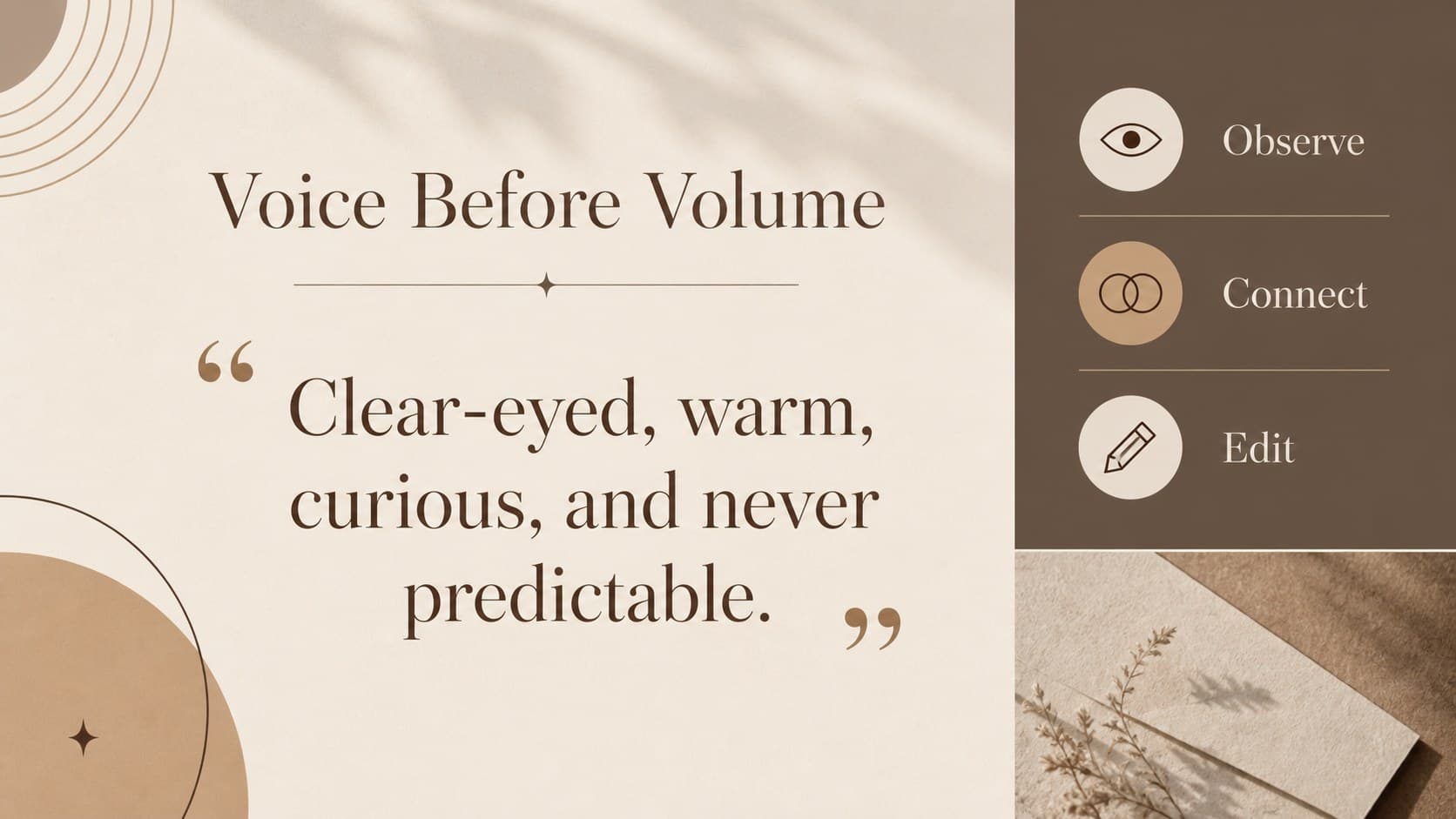 Editorial voice slide showing tone principles for a fashion magazine launch presentation.