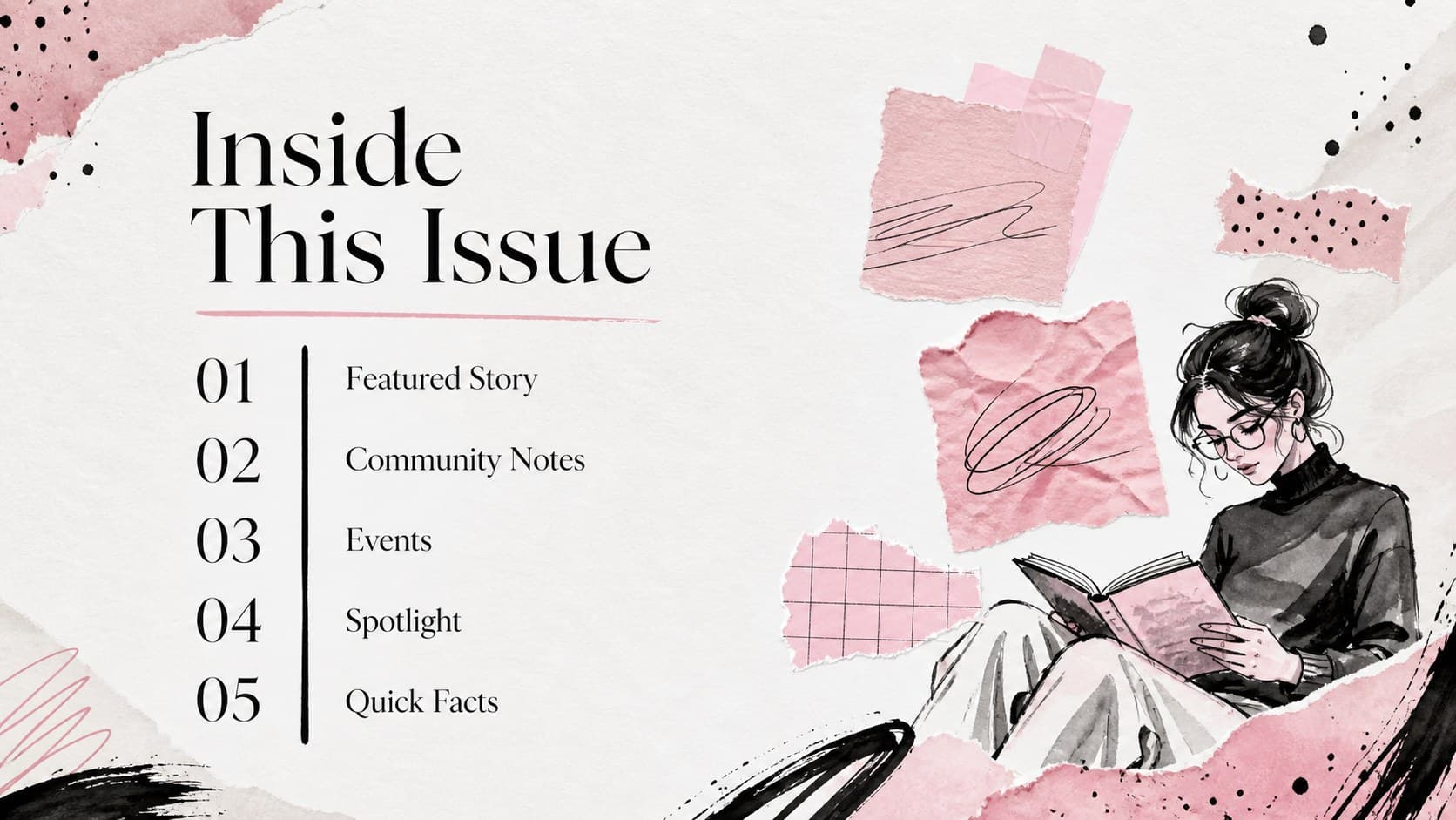 Contents slide organizing newsletter sections with pink labels, black text, and collage-inspired editorial decorations.