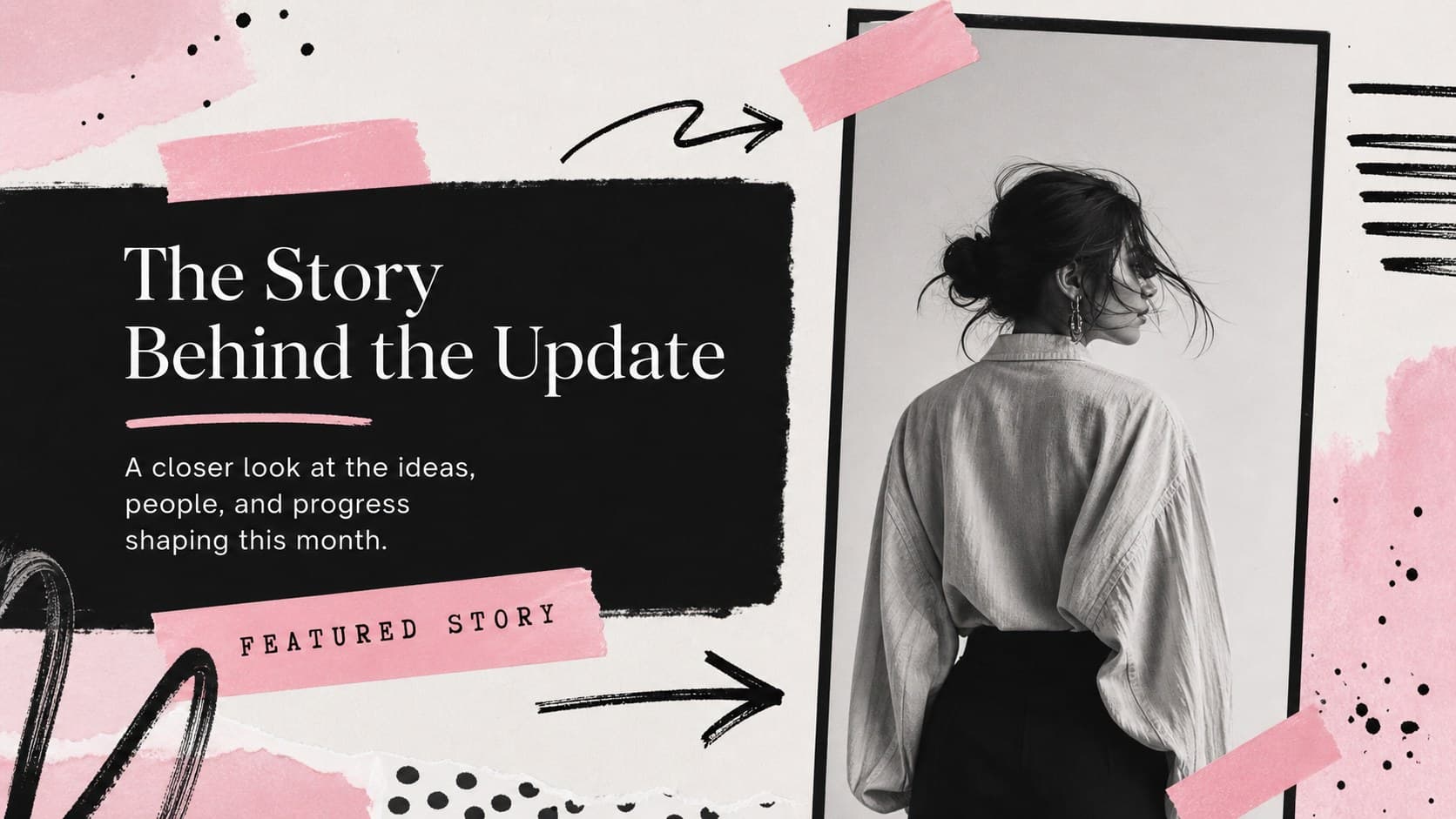Featured story slide showing a large image frame, editorial headline, and pink collage accents for a visual newsletter presentation template.