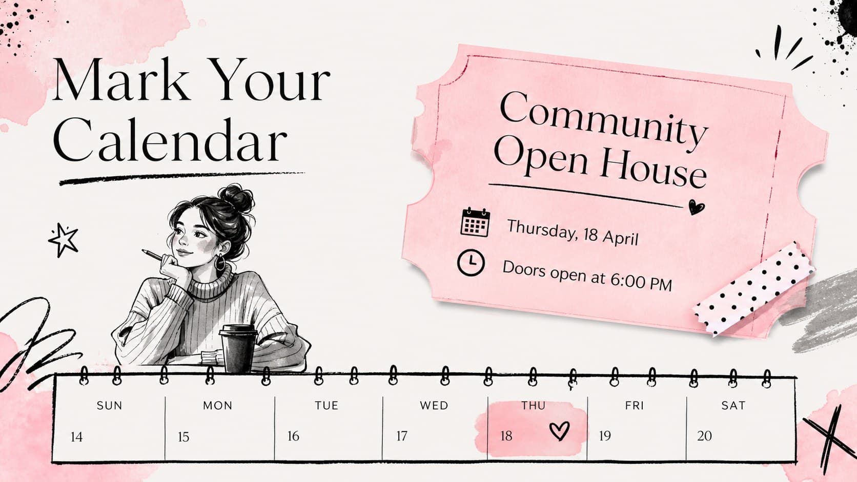 Announcement slide with a pink event panel, black date details, and hand-drawn collage elements.