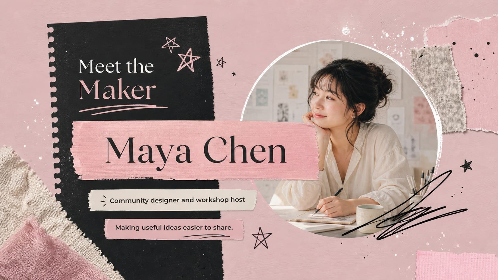 Community spotlight slide featuring a new illustrated profile, short biography, and pink-black editorial collage treatment.
