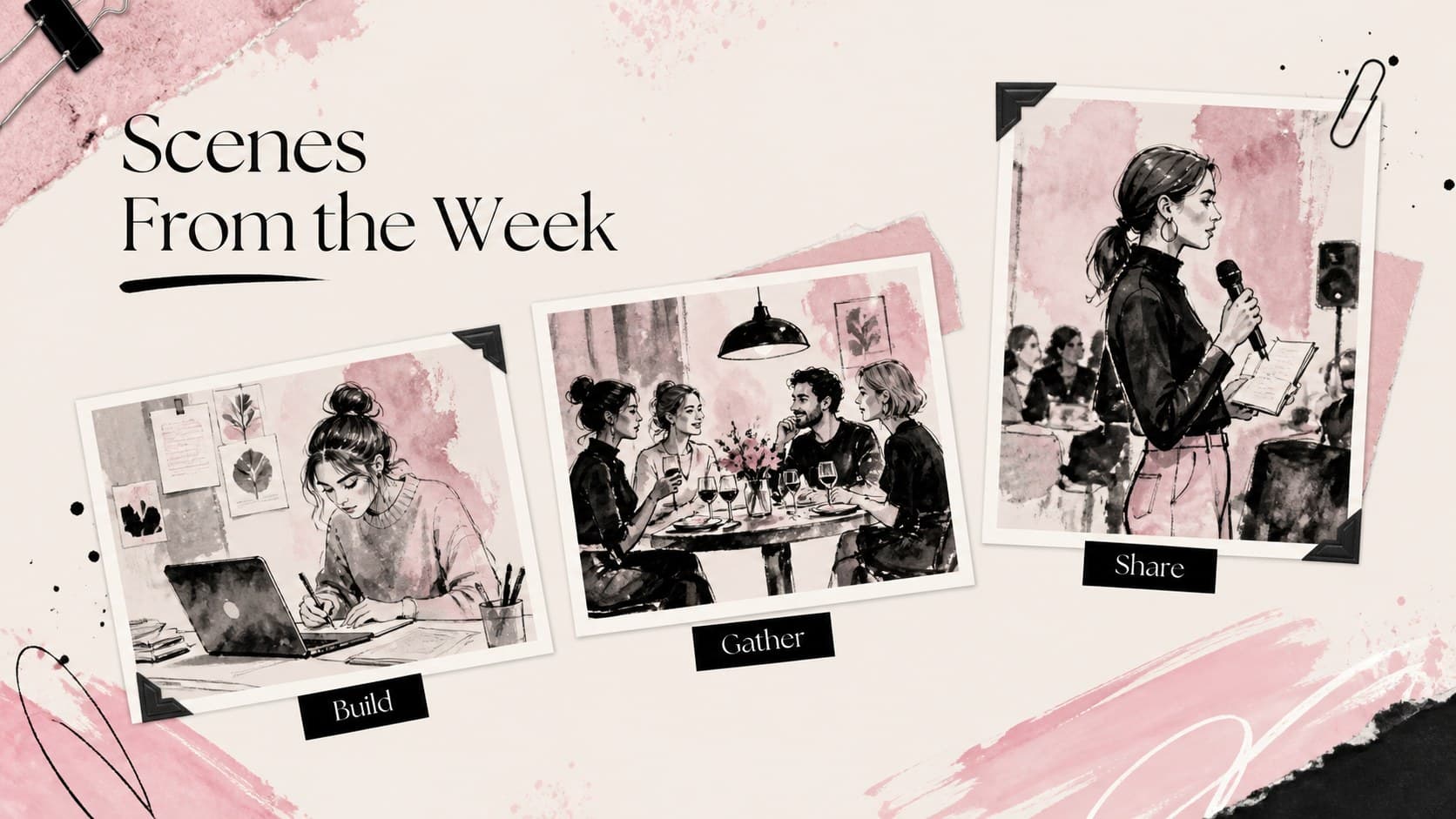 Image gallery slide presenting three editorial photo frames with pink captions and black collage typography.