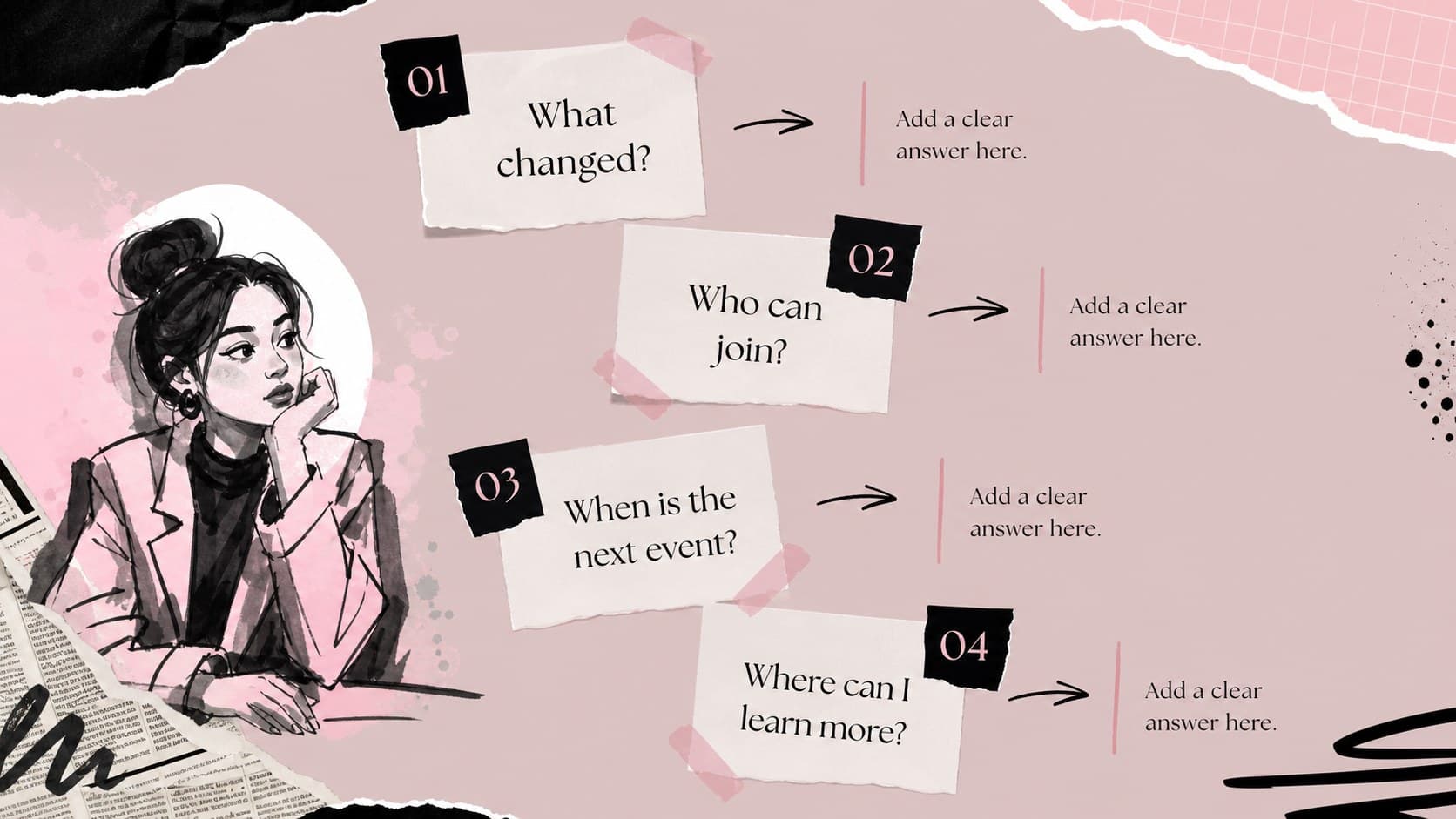 FAQ slide displaying concise questions and answers in pink-and-black editorial panels with hand-drawn accents.
