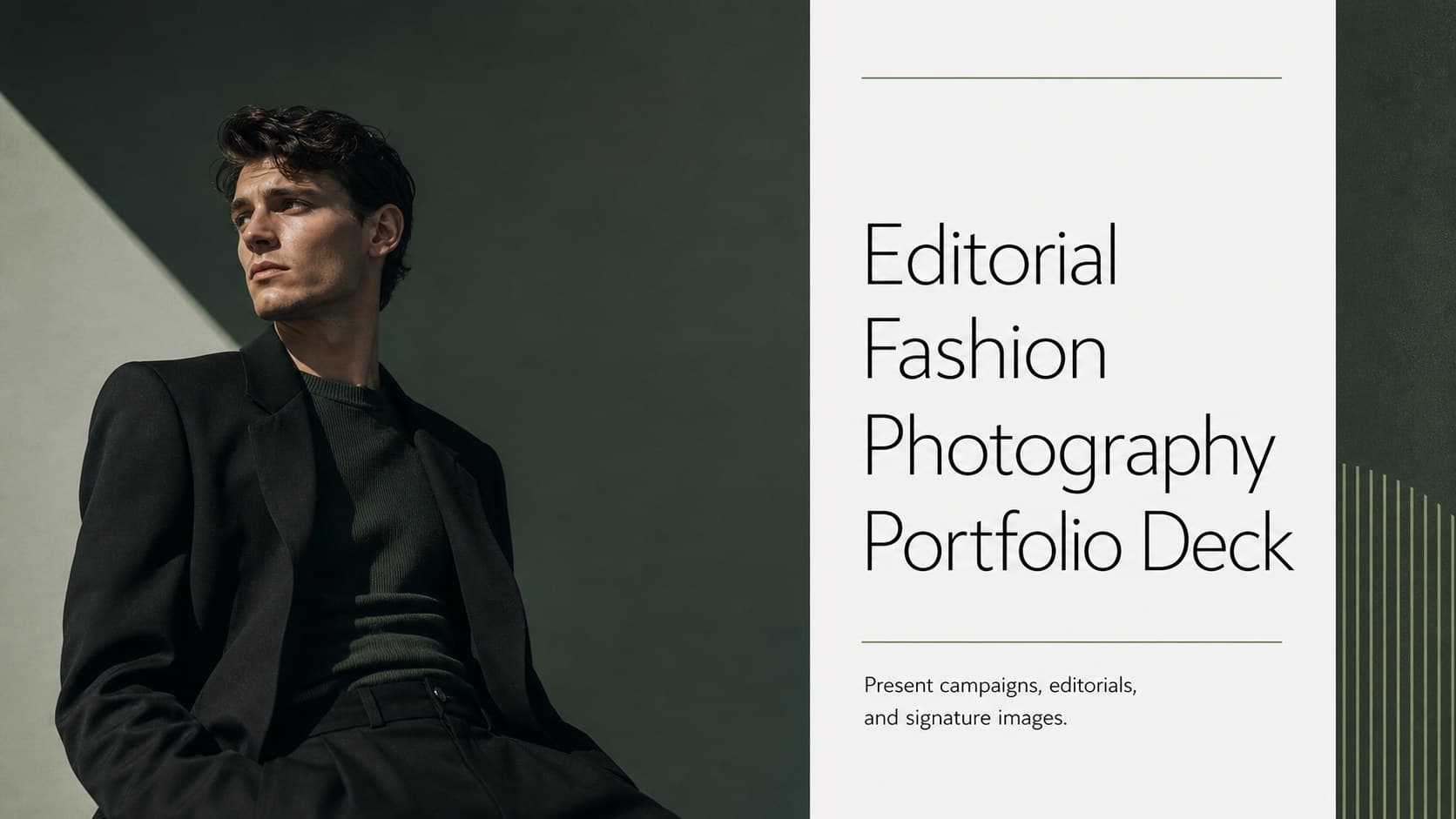 Cover of an editorial fashion photography portfolio deck with bold typography and a full-height fashion portrait.