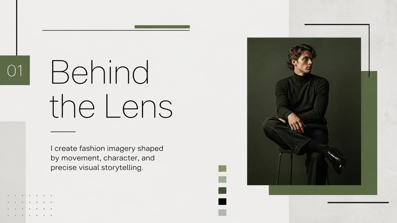 Minimal photographer profile slide introducing the creative perspective behind a fashion photography portfolio.