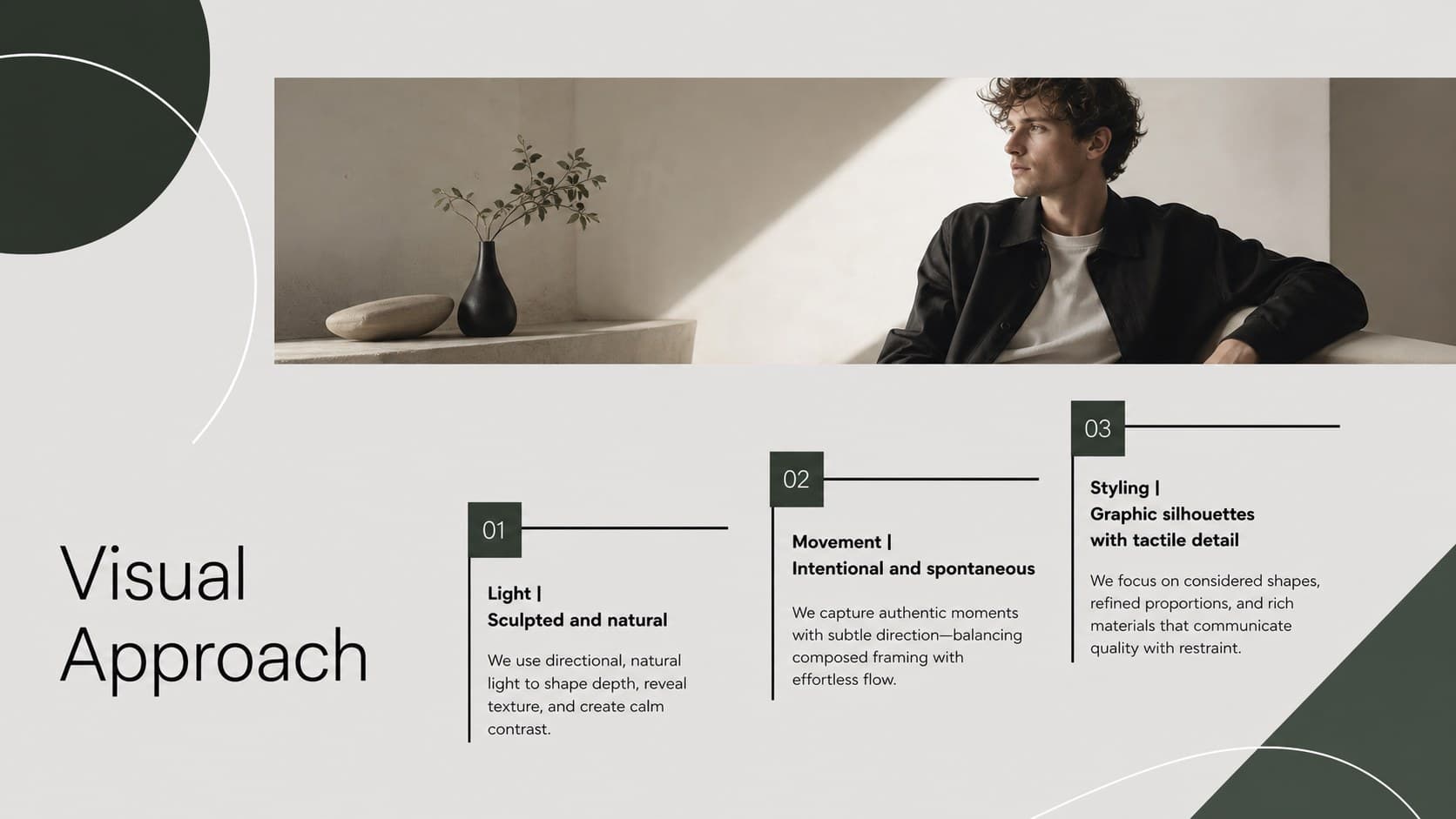 Creative direction slide outlining light, movement, and styling principles for editorial fashion photography.