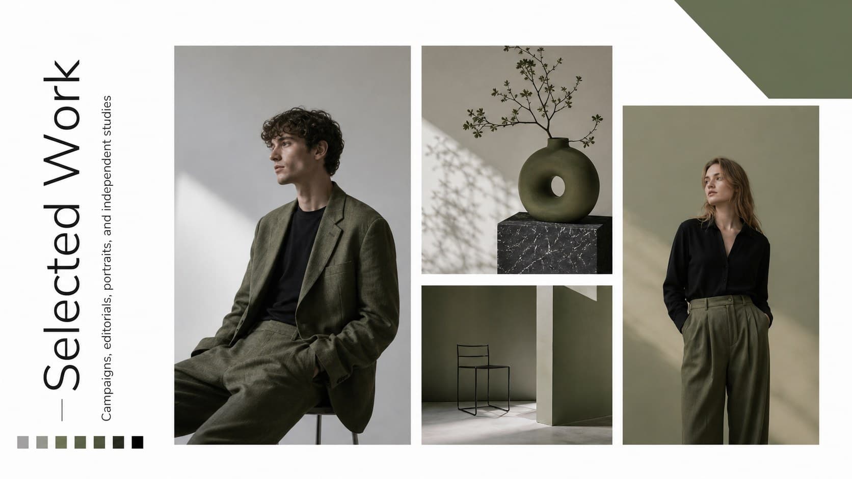 Selected work gallery displaying varied images in a minimalist fashion photographer portfolio presentation.