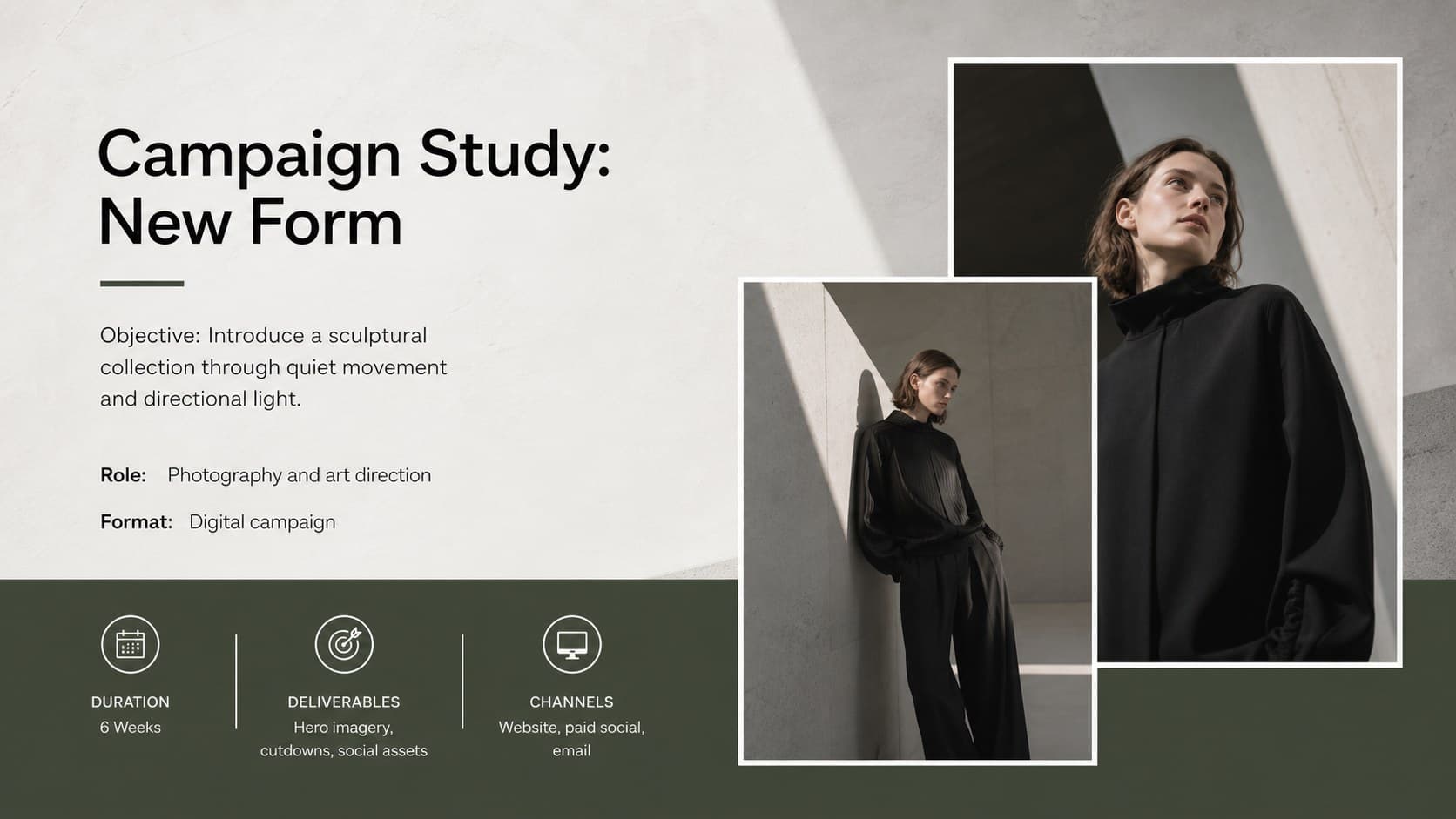 Fashion campaign case study slide with project goals, creative direction, and two editorial photographs.