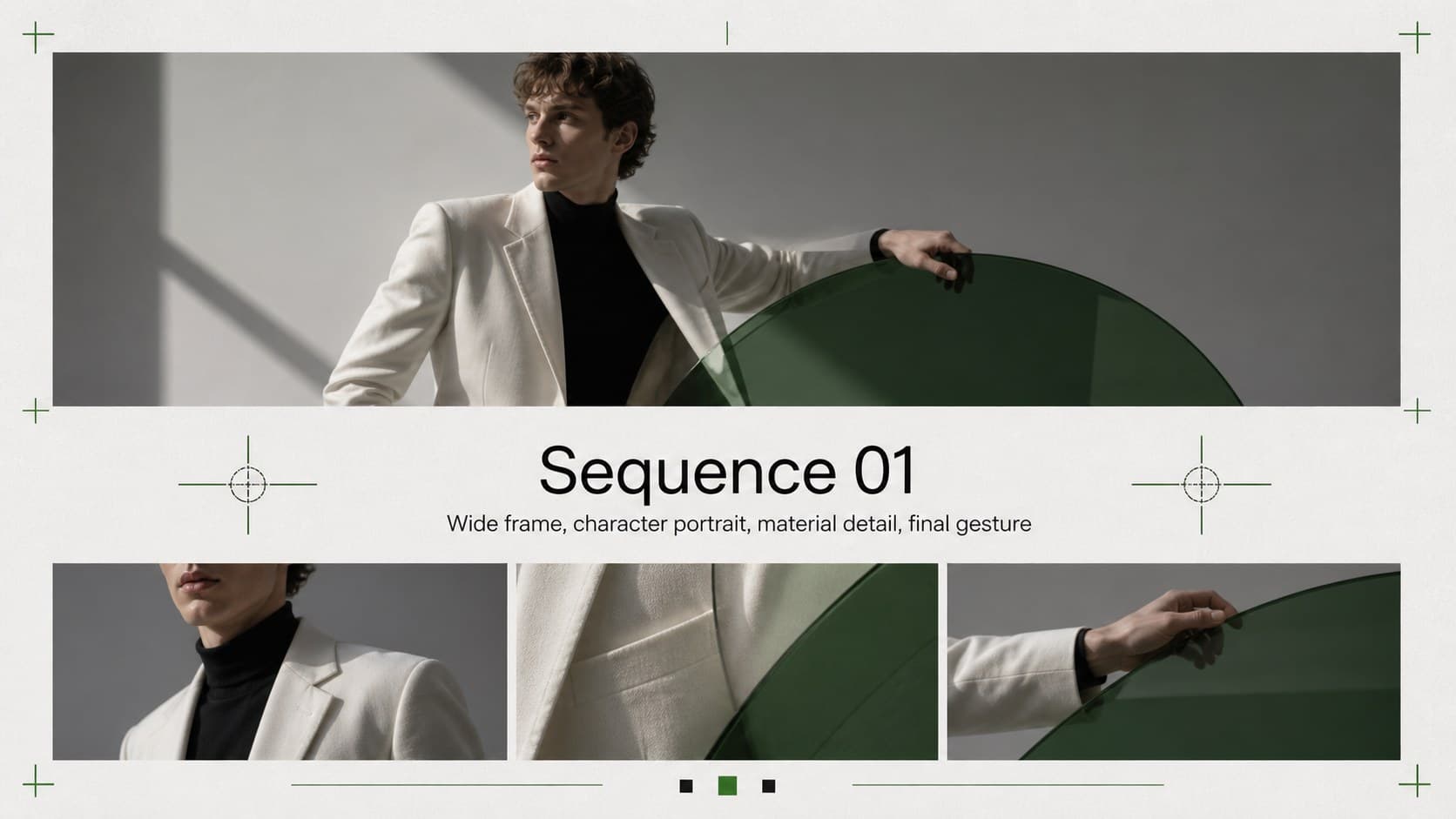 Fashion editorial image sequence showing wide, portrait, and detail photographs in a rhythmic gallery.