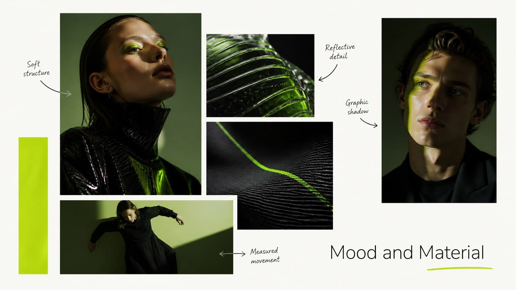 Creative direction moodboard slide combining fashion imagery, material details, and a restrained green color swatch.