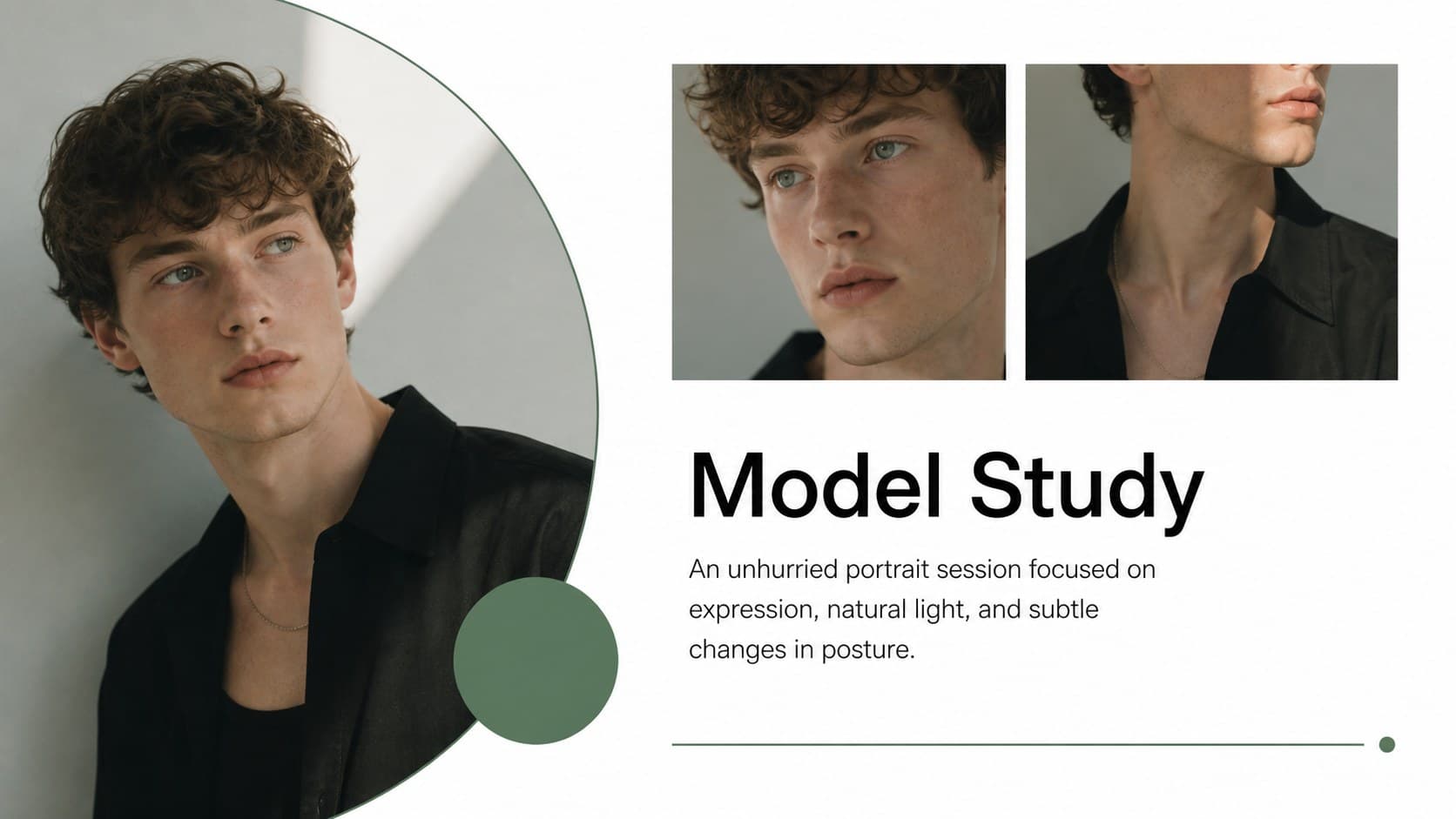 Model test shoot presentation slide pairing expressive portraits with notes about movement and natural light.