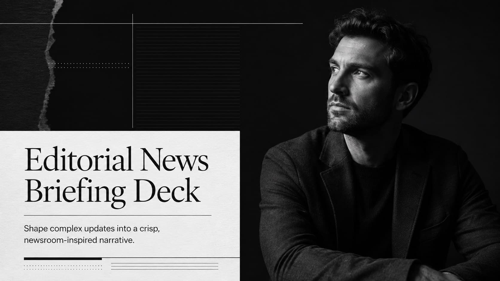 Cover of the Editorial News Briefing Deck with a bold monochrome newspaper-inspired headline.