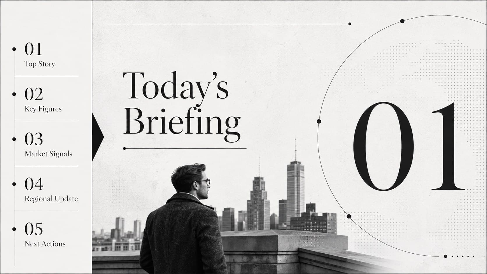 Editorial news briefing agenda slide listing the report sections in a clean monochrome layout.