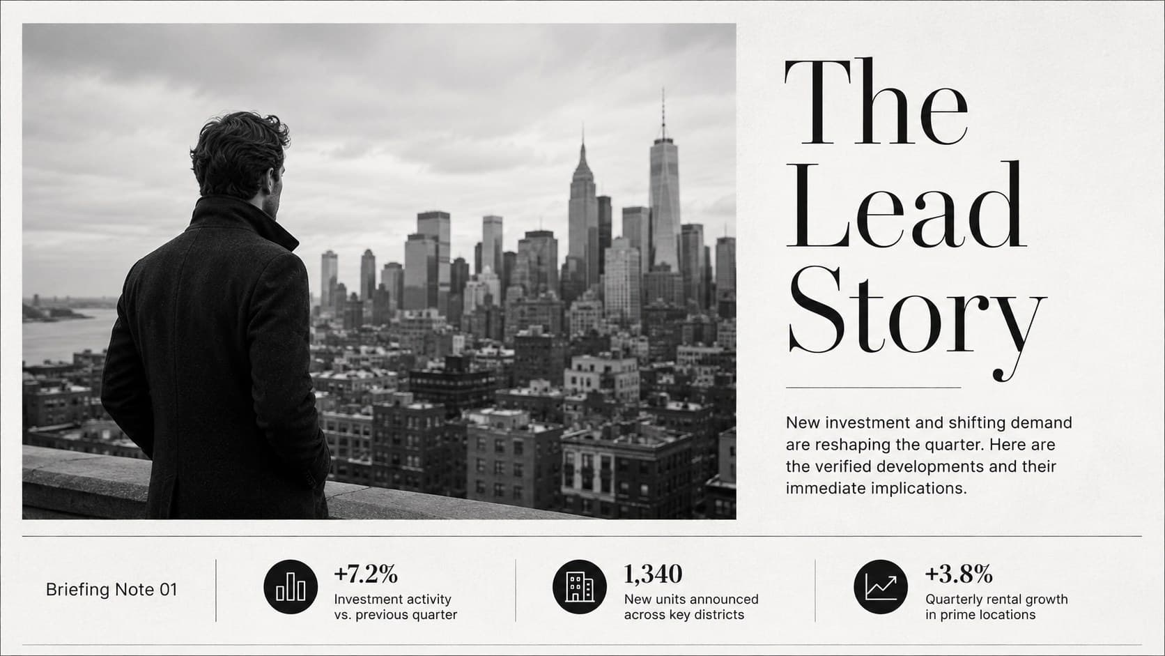 Lead story layout from a monochrome news presentation template with headline, summary, and editorial image.