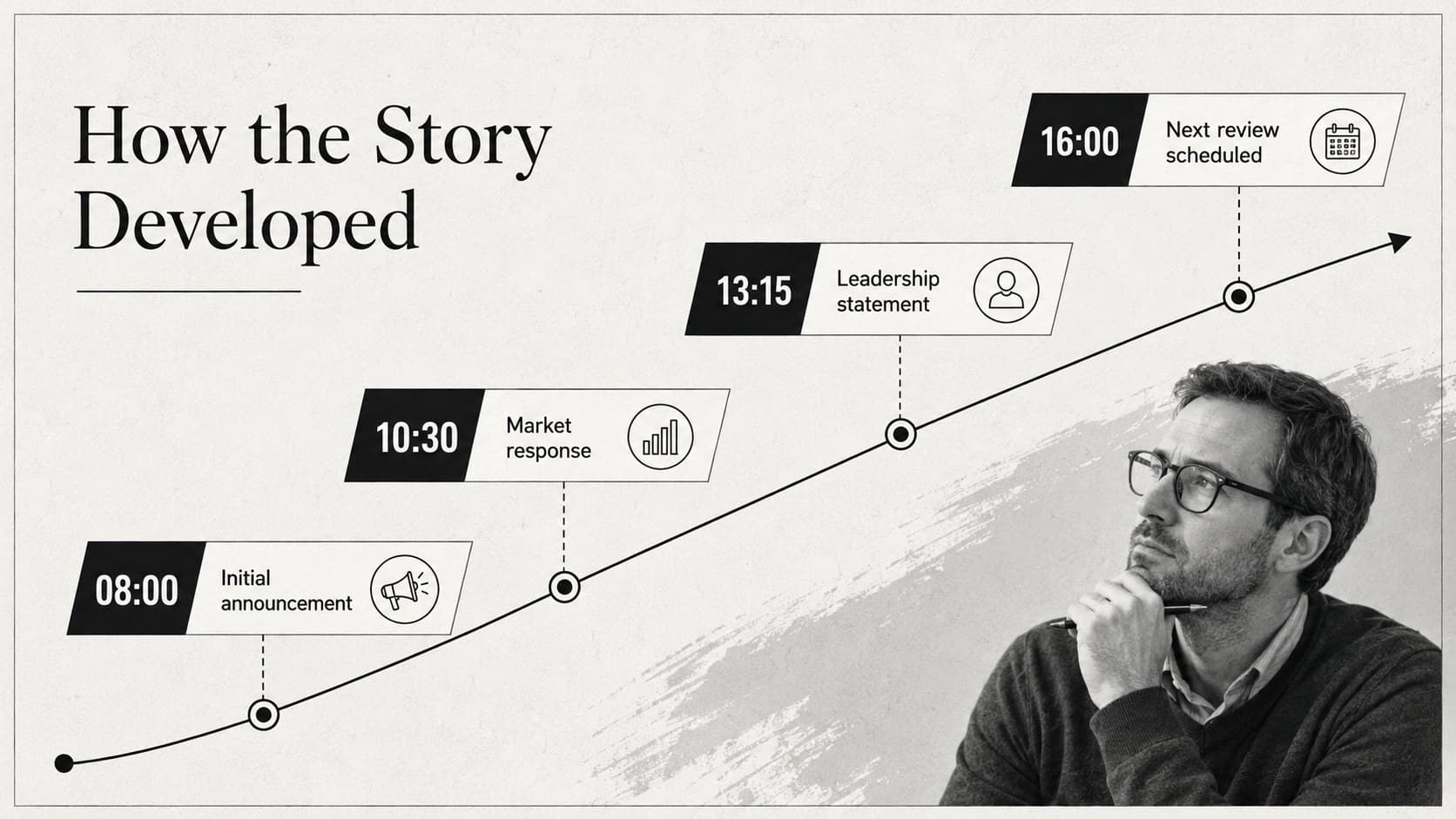 News timeline slide tracing major events and reporting milestones in chronological order.