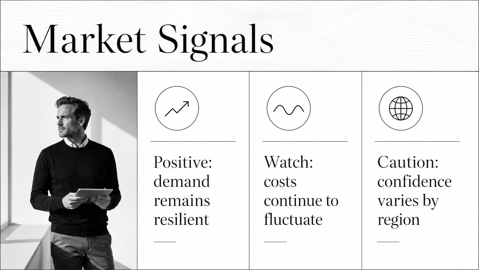 Market signals slide comparing positive, neutral, and caution indicators in a newsroom style Google Slides layout.