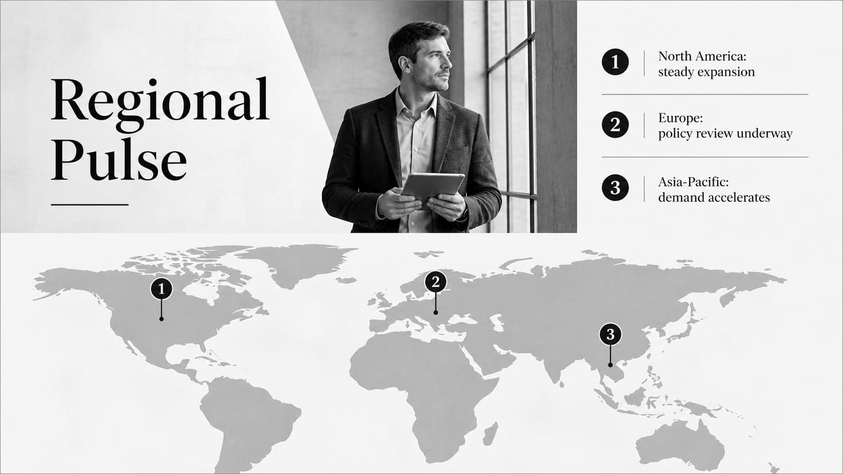 Regional news update slide with a map and concise location-based reporting summaries.