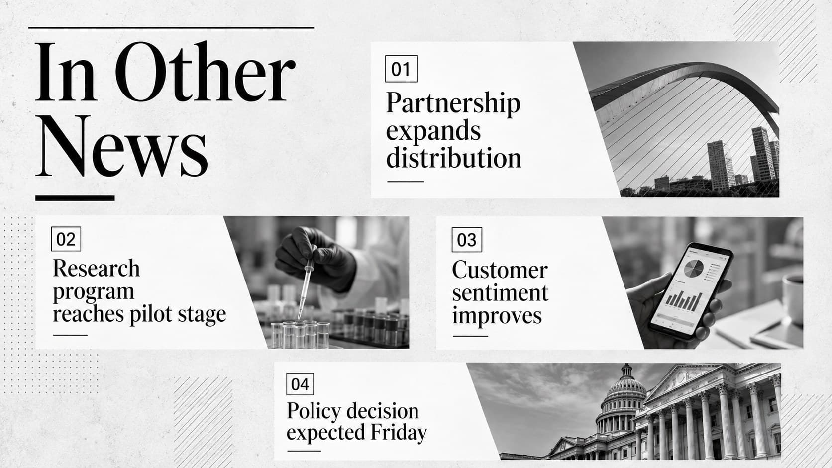 Business headlines slide presenting four concise updates in a black and white editorial presentation.