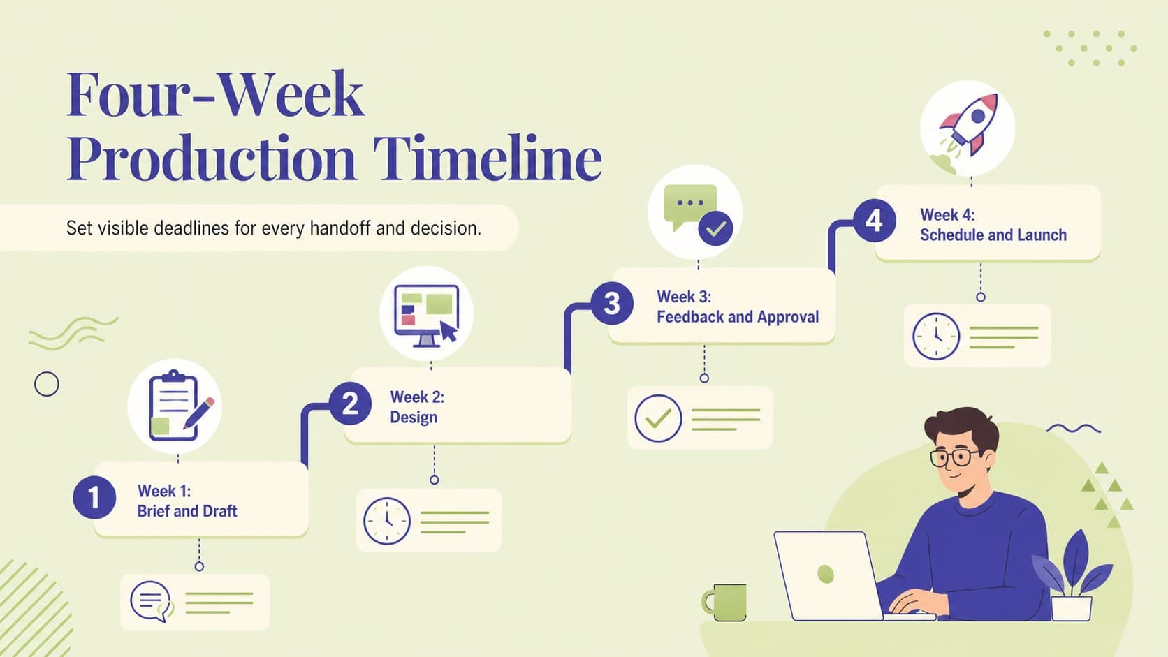 Content production timeline template with weekly milestones for drafting, design, feedback, approval, and launch.