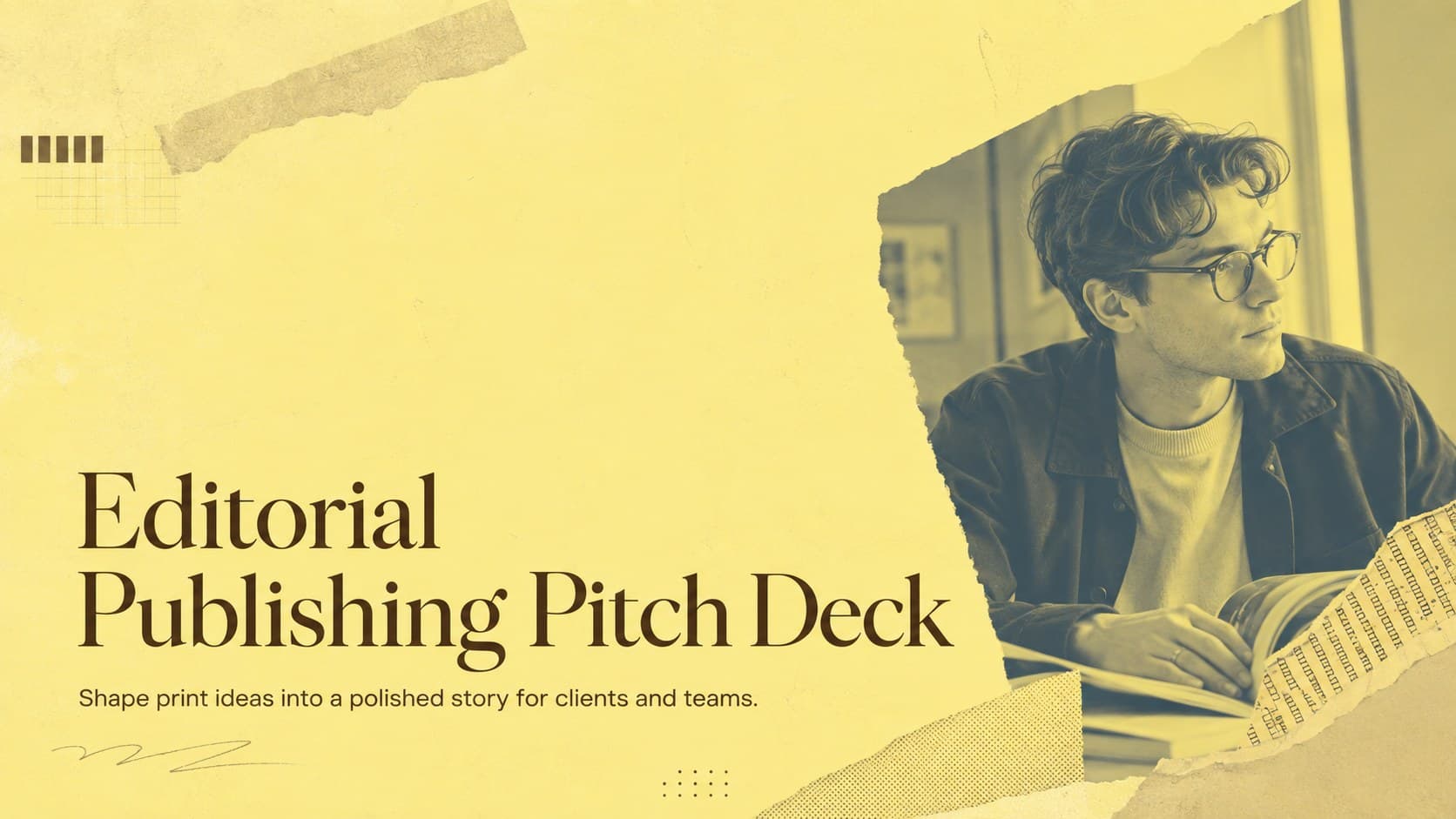 Cover of an editorial publishing pitch deck with elegant yellow and brown paper-inspired graphics.