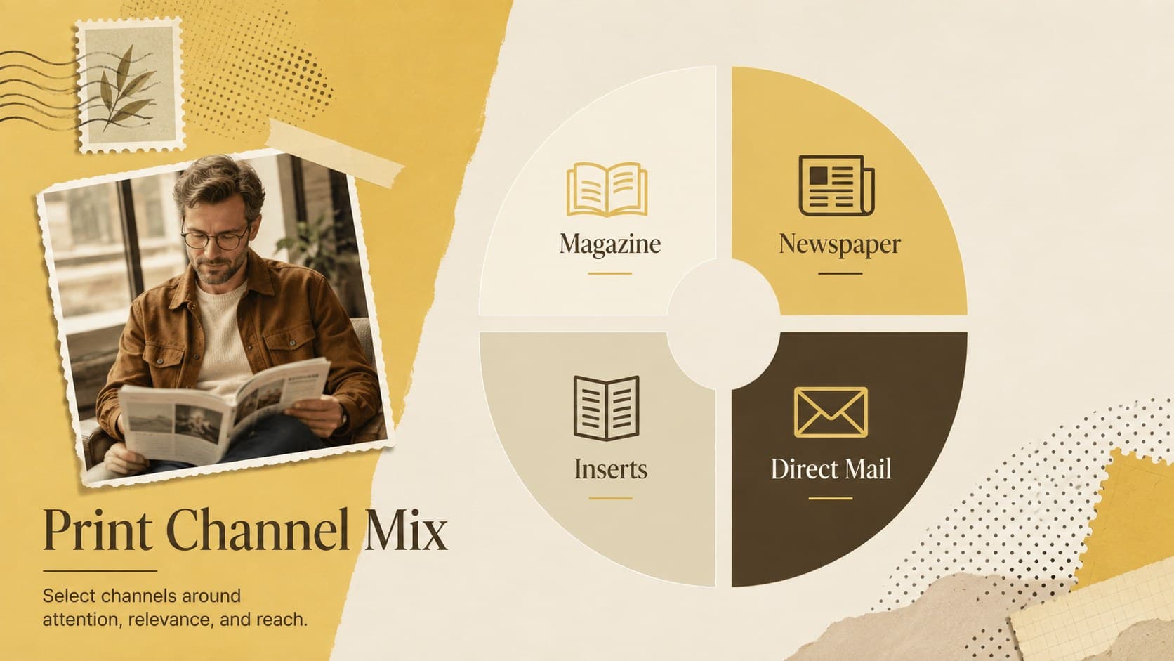 Media channel strategy slide comparing magazine, newspaper, inserts, and direct mail.