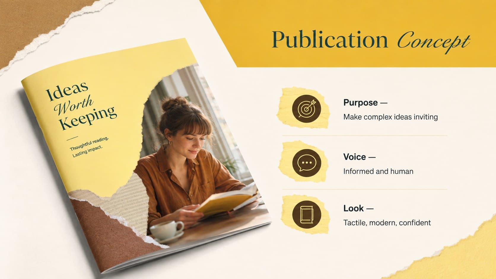 Magazine proposal slide presenting an editorial concept through purpose, voice, and visual direction.