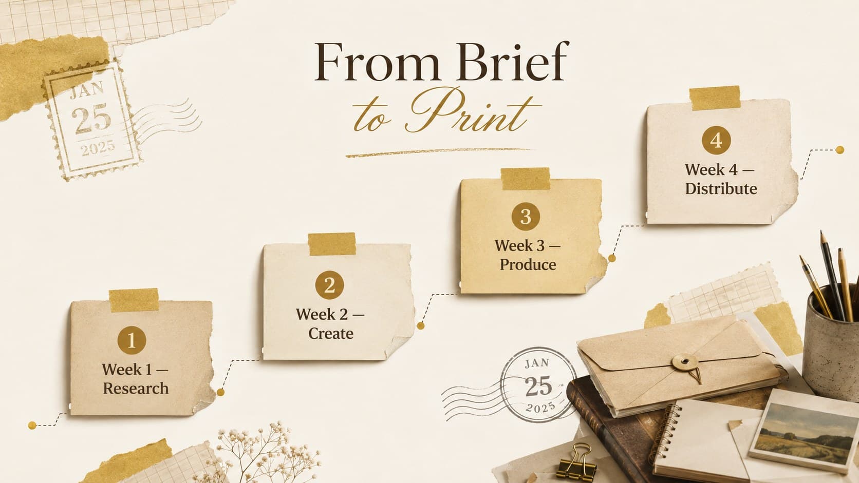 Newspaper campaign planning slide with a four-stage publishing timeline.