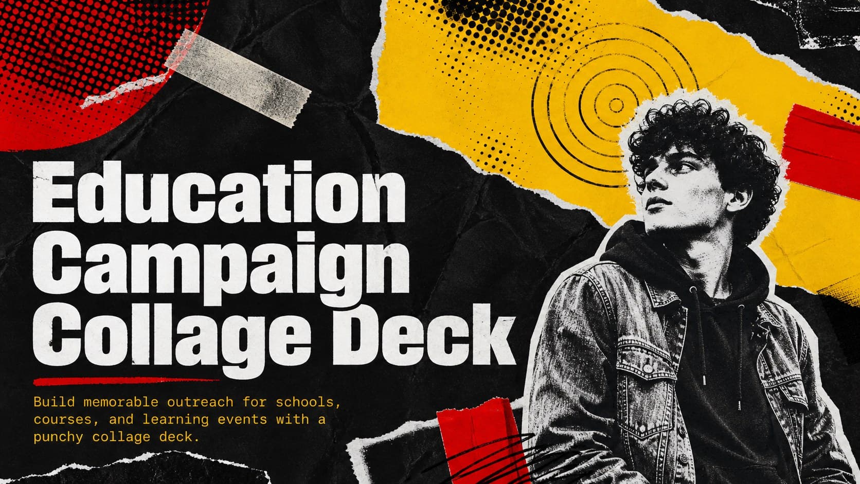 Cover of the Education Campaign Collage Deck with bold red and yellow torn-paper graphics on a gritty black background.