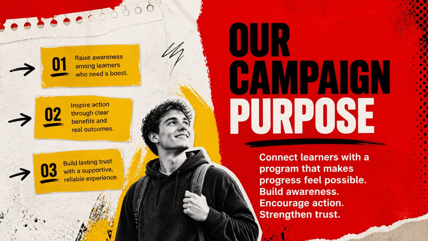 Campaign purpose slide presenting the central goal of a school enrollment campaign presentation.