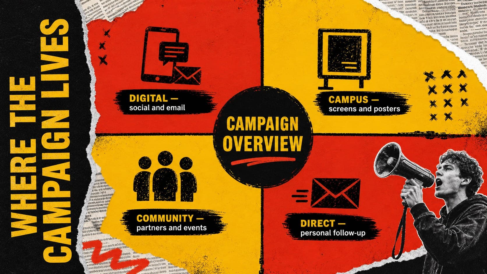 Creative school campaign presentation slide comparing digital, campus, community, and direct outreach channels.
