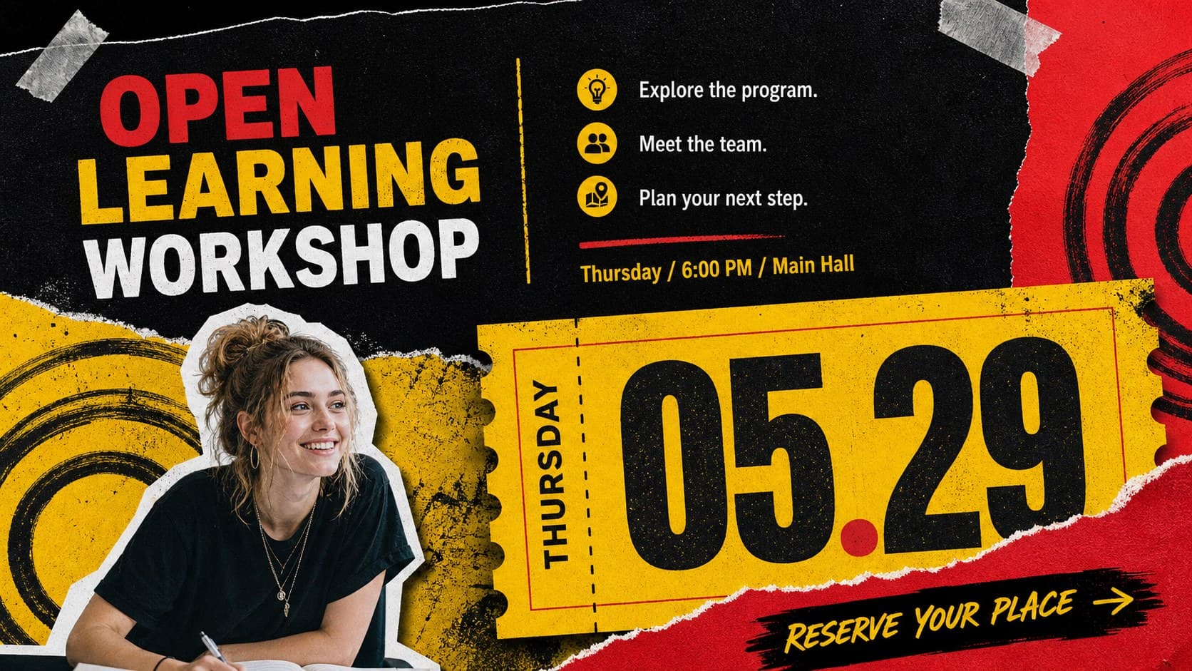 Campus event promotion slide featuring a workshop announcement and bold registration call to action.