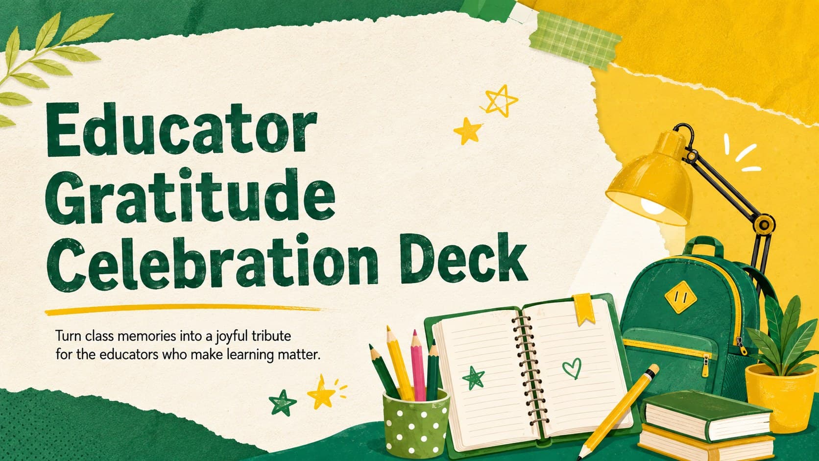 Cover of the Educator Gratitude Celebration Deck with cheerful green and yellow classroom illustrations.