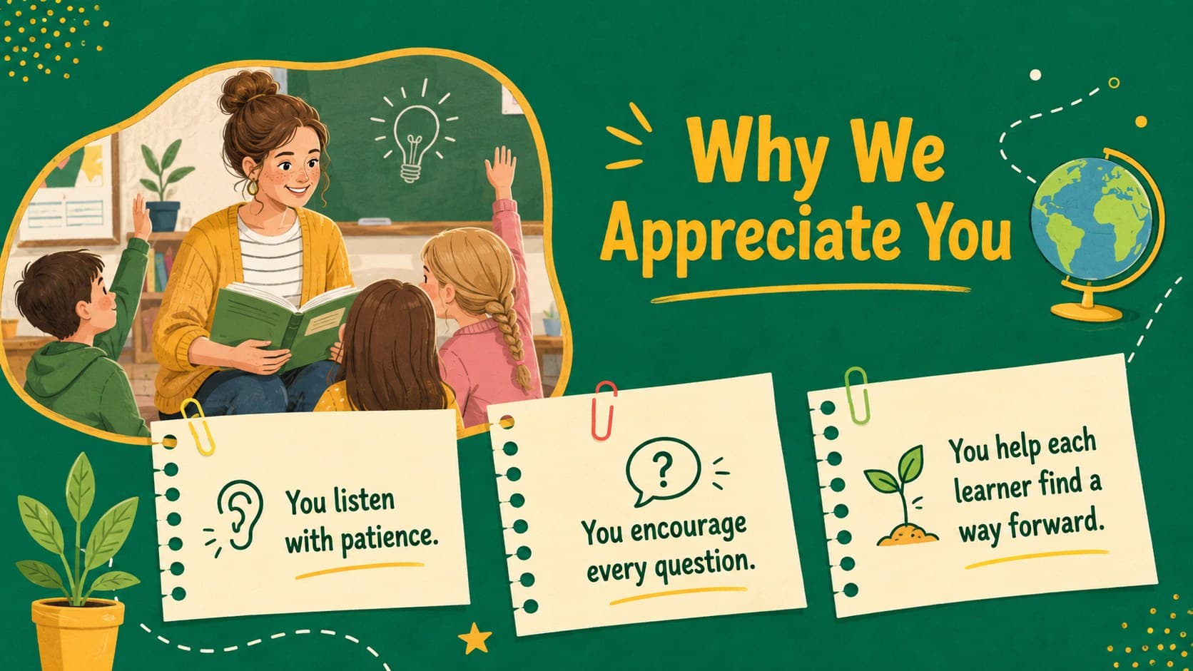 Green and yellow educator tribute slide introducing reasons a school community values its teachers.