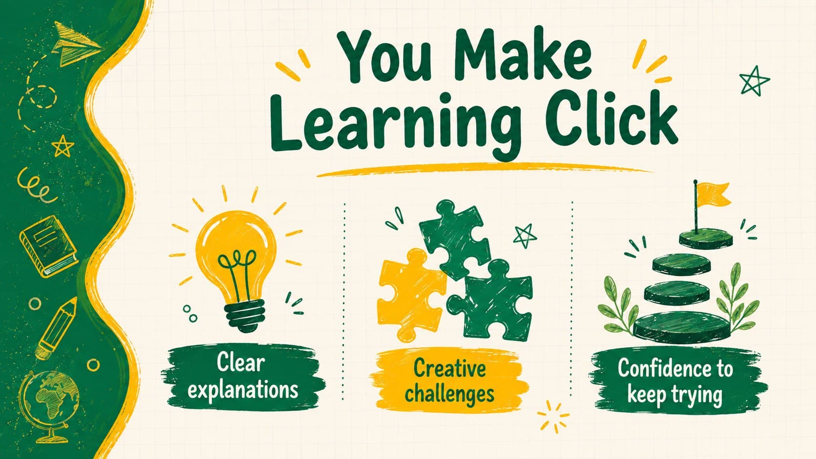 Playful teacher recognition slide featuring three ways an educator helps learning click.
