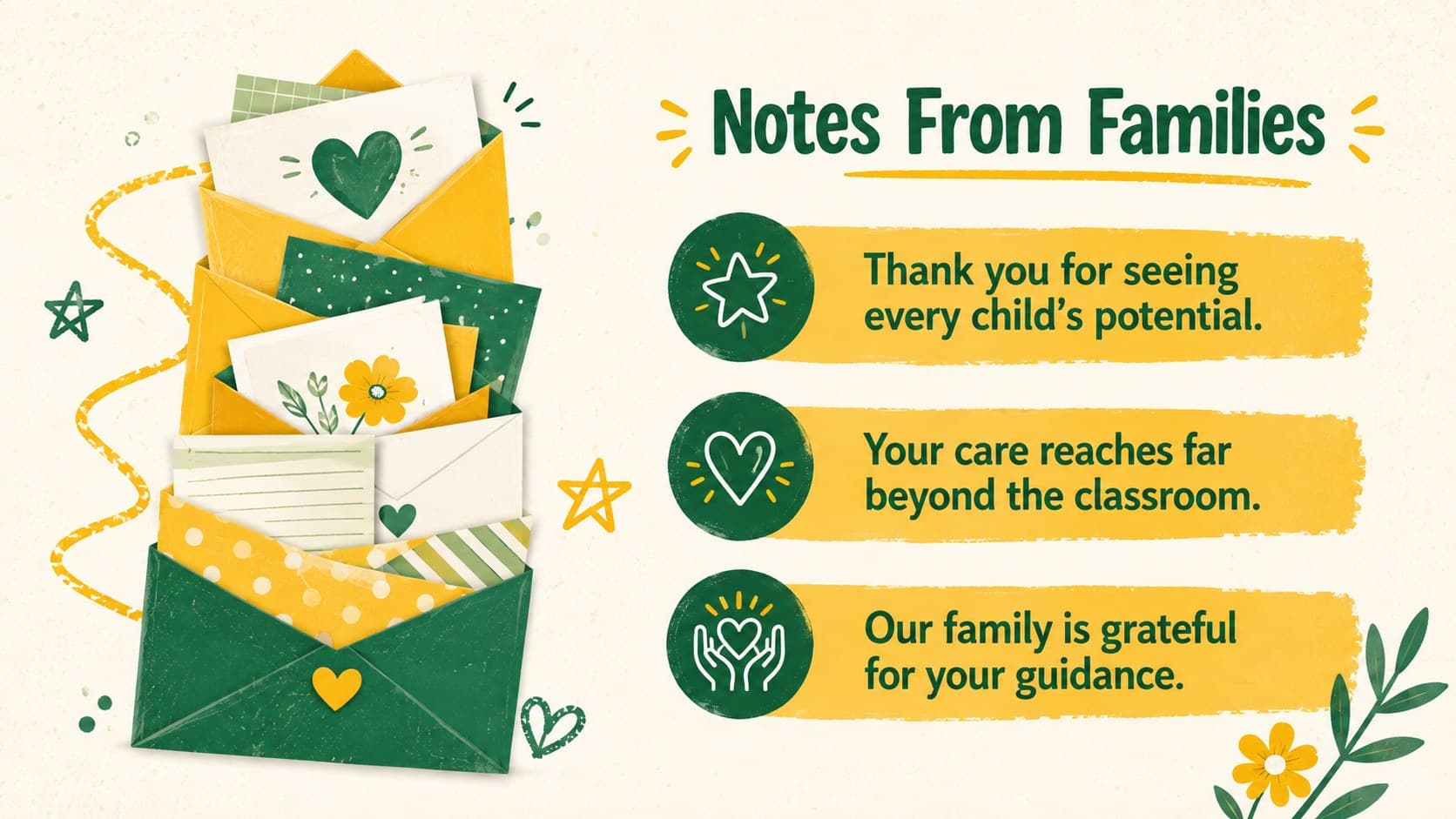 School staff gratitude event slide presenting warm appreciation notes from families.