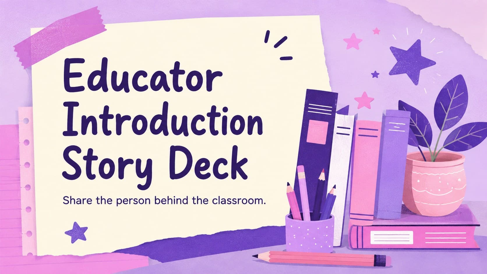 Cover of the Educator Introduction Story Deck with playful classroom illustrations in pastel pink and purple.