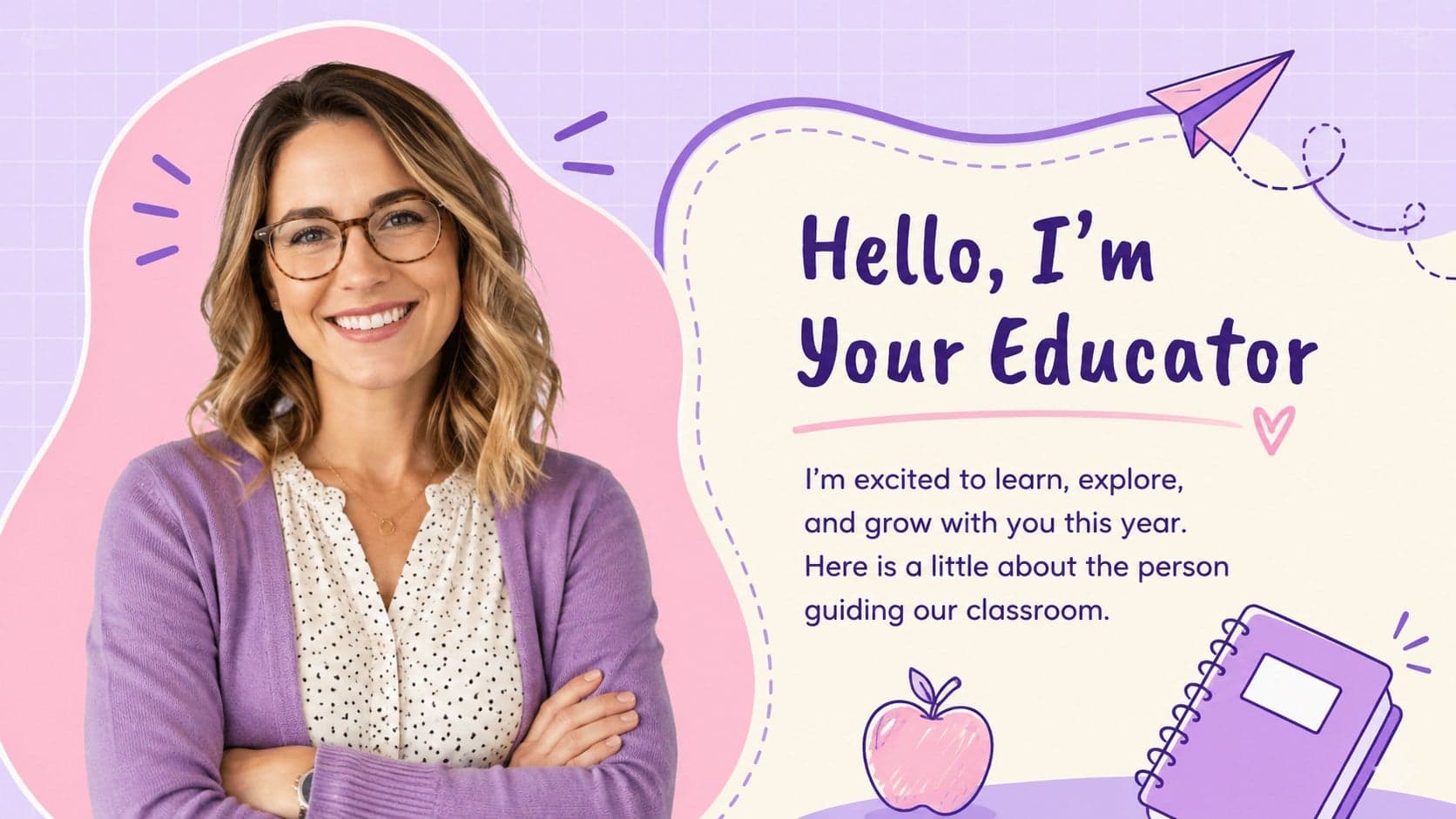 Friendly meet-the-educator slide featuring a welcome message and an original illustrated teacher portrait.