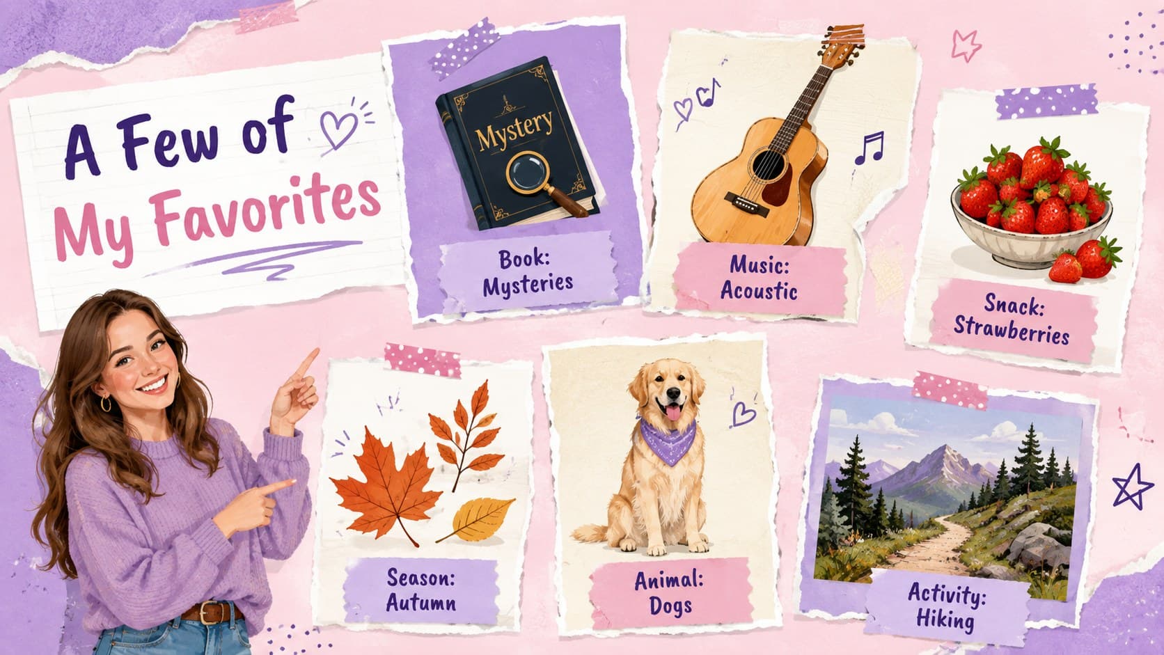 Educator favorites slide with colorful illustrations for books, music, snacks, and seasons.