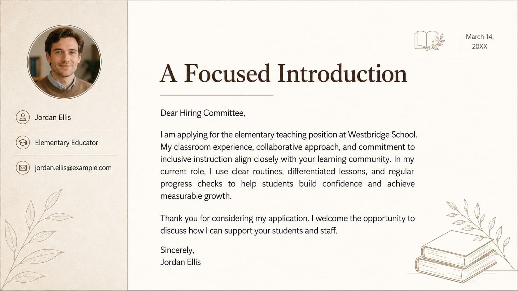 Professional teaching position application letter page featuring a structured introduction, experience summary, and closing.