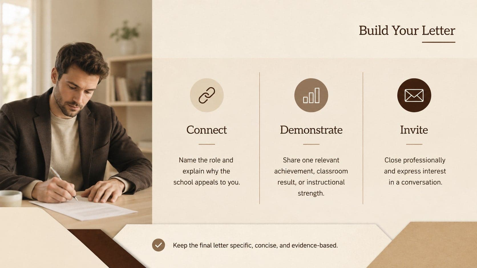 Beige educator employment letter slide with guided prompts for experience, teaching philosophy, and school alignment.
