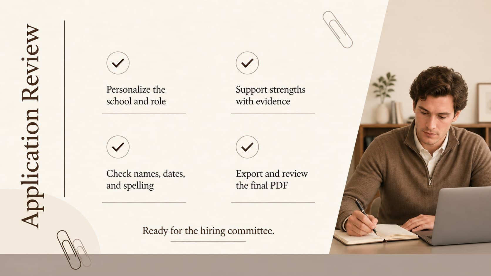 Neutral teacher hiring application checklist covering personalization, evidence, proofreading, and PDF export.