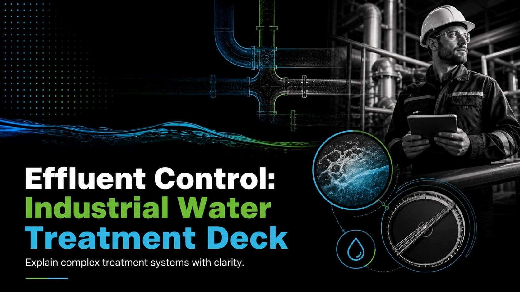 Cover of an industrial water treatment deck with bold typography and abstract effluent process graphics.