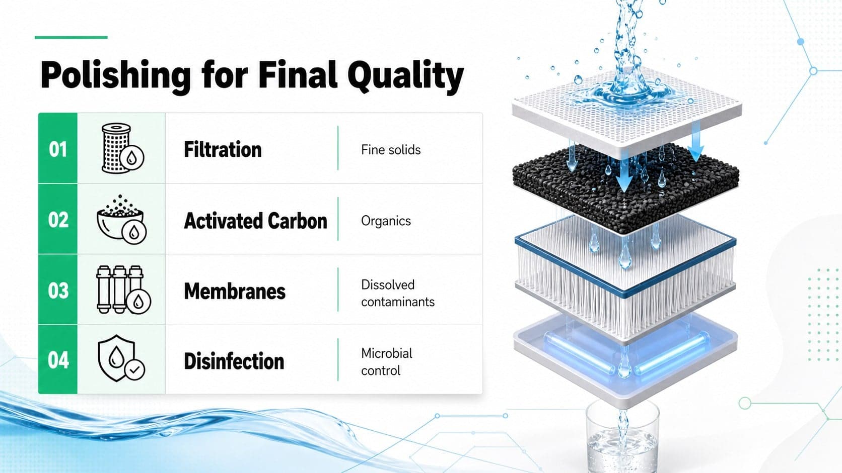Advanced industrial water treatment slide comparing filtration, carbon adsorption, membranes, and disinfection.