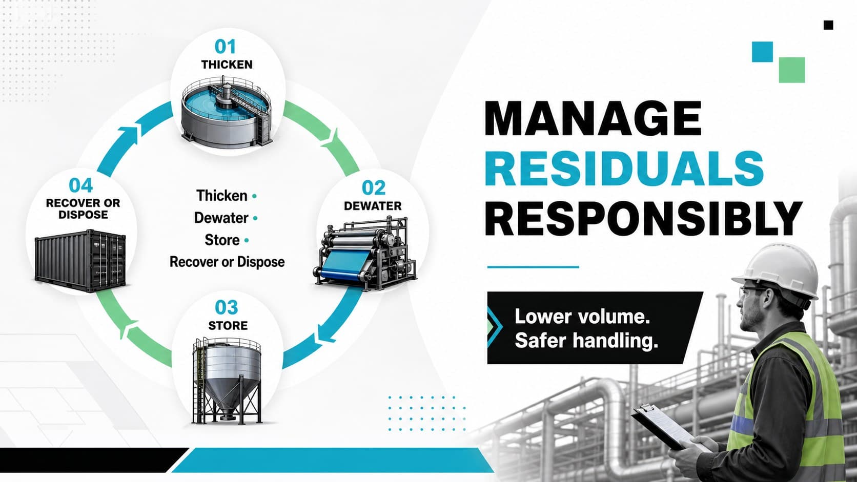 Sludge management slide presenting thickening, dewatering, storage, and responsible disposal steps.