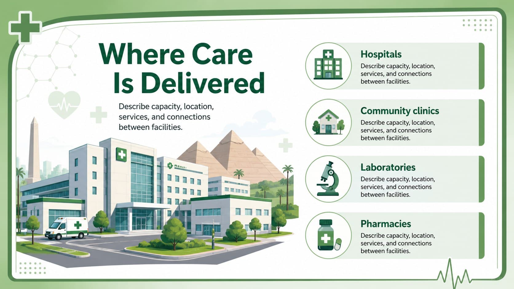 Egypt medical infrastructure presentation slide profiling hospitals, clinics, laboratories, and pharmacies.