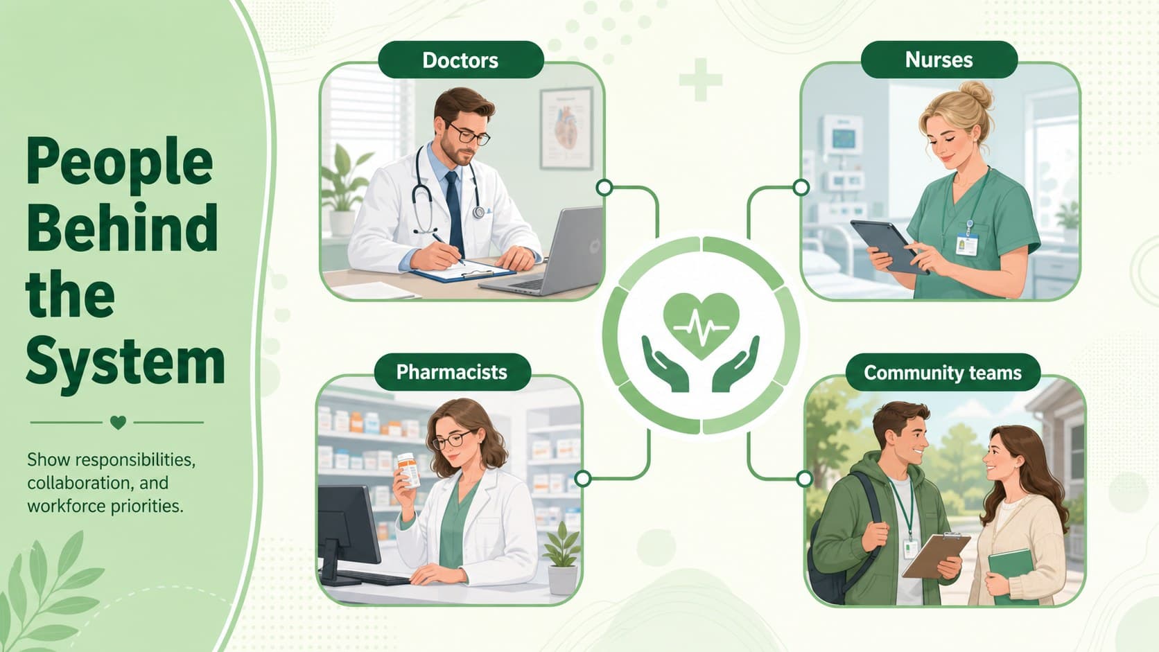 Healthcare workforce slide showing editable roles for doctors, nurses, pharmacists, and community teams in Egypt.