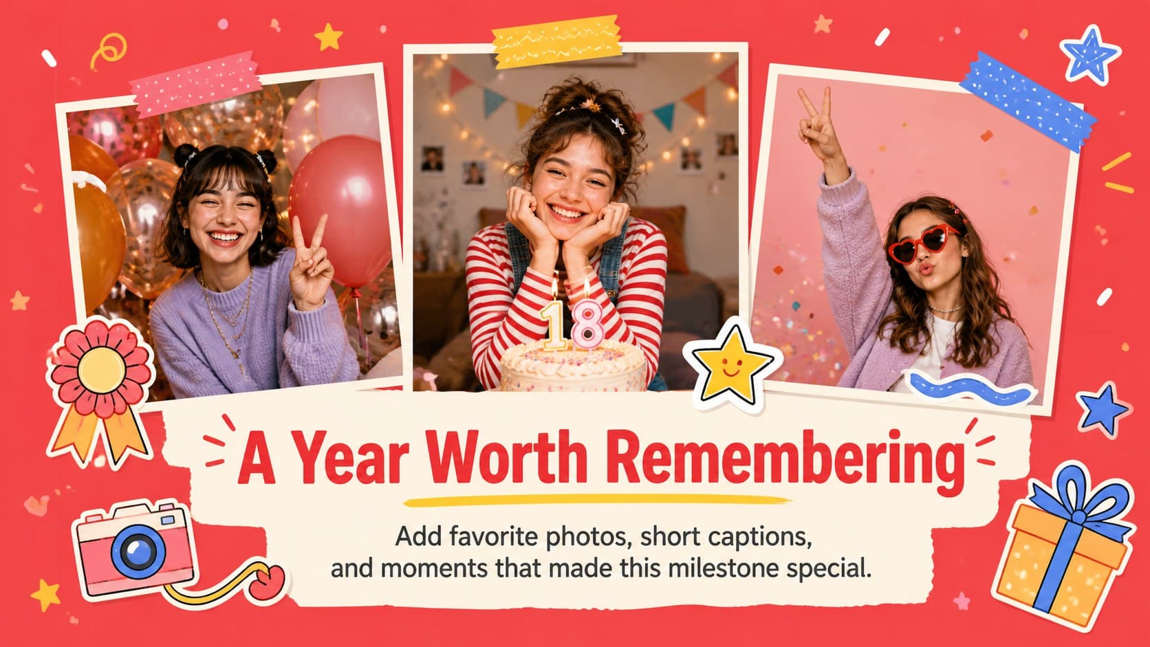 Birthday photo story layout with colorful frames and captions for an eighteenth birthday slideshow template.